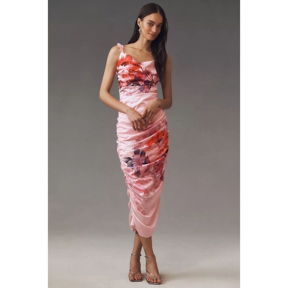 BHLDN Callie Sleeveless Ruched Floral Charmeuse Midi Dress